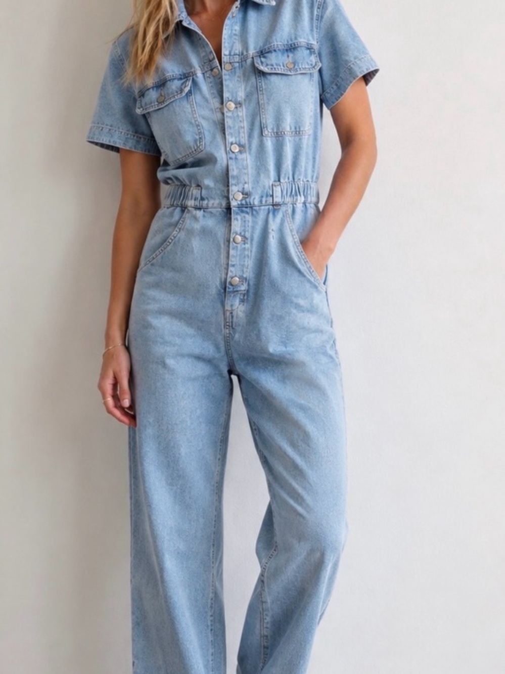 We The Free Light Blue Denim Short-Sleeve Button Jumpsuit
